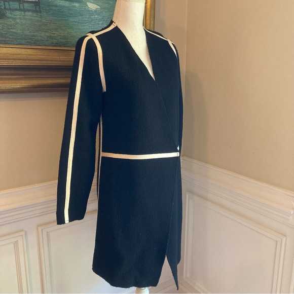 ALICE OLIVIA Black Cream Stripe Wool Long Open Sweater Cardigan Jacket - Picture 4 of 9